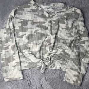 Camouflage Button-Up Tie Front Top
